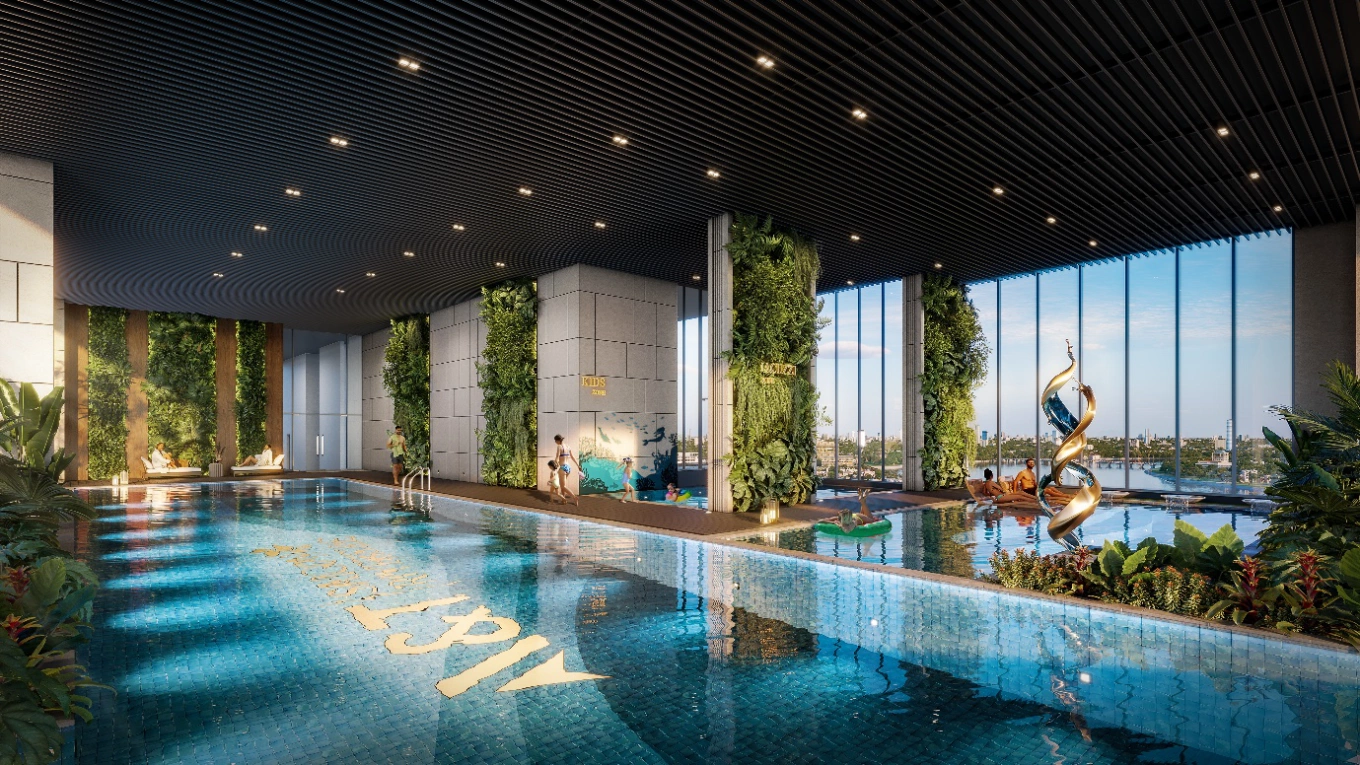 Phối cảnh cụm hồ bơi muối khoáng - hồ sục Jacuzzi - hồ trẻ em tại tầng tiện ích theo phong cách nghỉ dưỡng. Ảnh: DXMD Vietnam